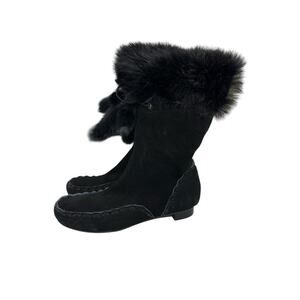 Nine West Wildest Y2K Suede Faux Fur Midcalf Boots 7M Black Shearling Style Boot